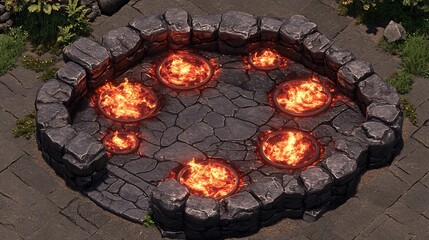 Wall Mural - Fiery circular stone pit glows warmly under bright overhead light. AI Generated