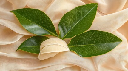 Wall Mural - Soft light illuminates lush green leaves artfully arranged on creamy silk fabric. AI Generated