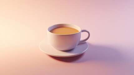 Poster - A cozy white cup filled with steaming hot coffee sits elegantly on a matching saucer. The gentle pastel background creates a calming ambiance, inviting relaxation and enjoyment