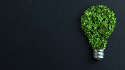 Poster - Eco-Friendly Light Bulb Shape Made of Green Leaves on Dark Background