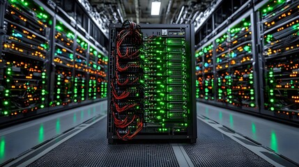Poster - A server room filled with racks of glowing green and orange lights, showcasing a high-tech data center environment.