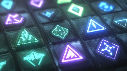 Poster - Futuristic Interface with Glowing Geometric Symbols and Patterns Array