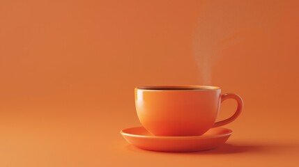 Poster - A steaming cup of rich coffee rests elegantly on its saucer against a warm orange backdrop, inviting moments of comfort and tranquility. Perfect for cozy mornings or peaceful afternoons
