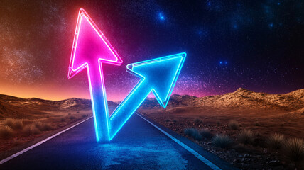 Wall Mural - Neon glowing arrows pointing up on road in desert landscape at night, creating vibrant and dynamic atmosphere