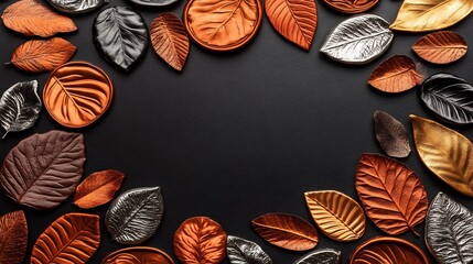 Wall Mural - Metallic leaves frame dark background elegantly Autumnal colors create rich visual aesthetic. AI Generated