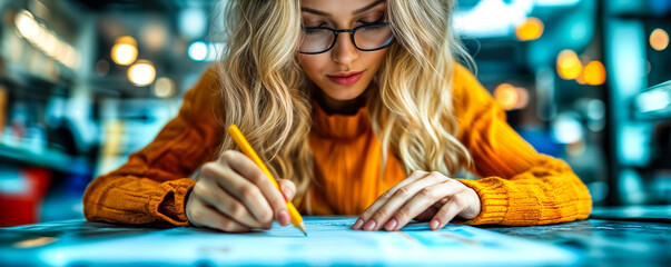 Poster - Businesswoman Writing Notes in Office Environment for Planning and Strategy with Pencil on Desk Notepad