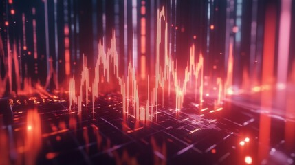 Poster - Abstract data stream visualization with glowing red grid and rising lines