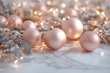 Wall Mural - christmas rose gold ornaments decorating snowy branches with sparkling lights