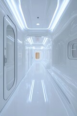 Wall Mural - Bright white hallway with blue lighting in a futuristic building space