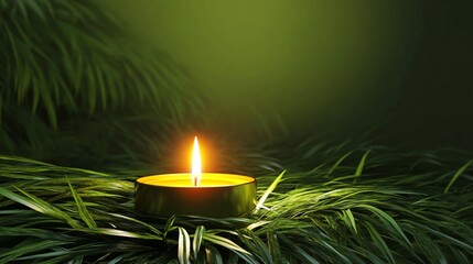 Wall Mural - Glowing tea light candle nestled among fresh green pine needles creating peaceful holiday atmosphere with soft bokeh background and warm candlelight reflection.