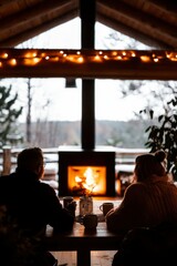 Couple relax, drinking tea inside cozy cabin with fireplace and snowy forest view