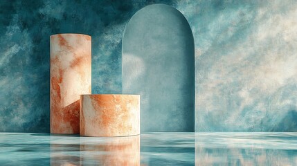 Wall Mural - Warm marble cylinders softly reflect sunlight on teal backdrop. AI Generated