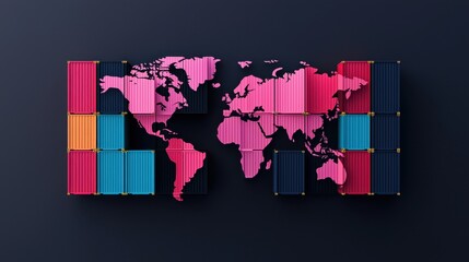 Poster - Colorful Global Map Made of Shipping Containers on Dark Background