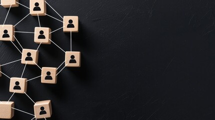 Poster - Wooden Blocks Connected with Strings Representing Social Network Concept on Black Surface