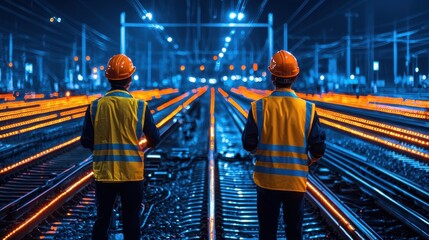 Poster - Workers in safety vests directing rail traffic at a busy train interchange, emphasizing teamwork and logistics