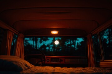 Wall Mural - Cozy van interior at night with moonlit trees for travel, adventure or recreation