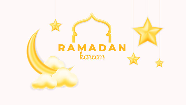 Elegant Ramadan Kareem greeting with golden crescent moon, stars, and clouds. Islamic festive designs, Eid celebrations, and Ramadan wishes