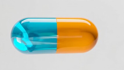 Poster - Translucent blue and orange pharmaceutical pill spinning gently, revealing intricate structural details against pristine white environment, highlighting pharmaceutical design and medical innovation