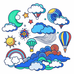 a whimsical and vibrant vector illustration showcasing a dreamy sky filled with colorful hot air bal