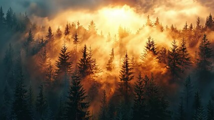 Poster - Golden Hour in the Pines: Sunbeams pierce through a mystical fog, illuminating a dense forest of pine trees at sunrise or sunset, creating a breathtaking and ethereal scene. 