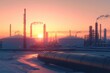 © Sunshine - Industrial Landscape at Sunset with Smokestacks and Pipelines in a Winter Setting