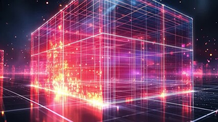 Fototapete - Cybernetic Cube: A futuristic, glowing cube with a fiery core, rendered in vibrant red and blue neon hues, reflects on a sleek, dark surface, creating a dynamic and visually striking image.