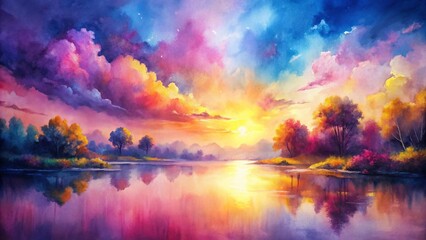 Poster - Dreamy Panoramic Watercolor Abstract Art: Pink, Purple, Blue, Yellow Hues
