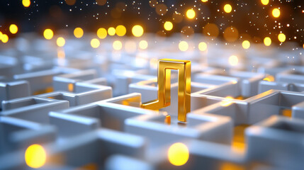 Aufkleber - golden musical note stands out in maze of white paths, symbolizing creativity and inspiration amidst complexity. background sparkles with warm lights, enhancing visual metaphor