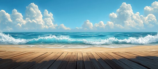 Wall Mural - Serene Beachfront with Wooden Boardwalk and Ocean Waves Under a Clear Blue Sky with Fluffy Clouds