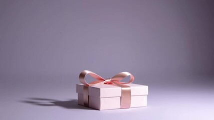 Poster - Luxurious pink gift box adorned with shimmering gold ribbon, gently rotating against pristine white backdrop, evoking refined festive elegance and celebratory anticipation