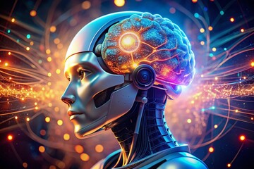 Poster - Drone View: AI Robot Head & Glowing Digital Brain - Artificial Intelligence Technology