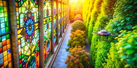 Poster - Drone View: Abstract Stained Glass Wall, Bokeh, Lush Green Shrubs