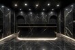 © Anastasiia - A modern reception area with black marble walls and flooring, featuring a sleek black front desk and minimalistic lighting. Concept Modern Reception Design, Black Marble Aesthetics, Sleek Front Desk