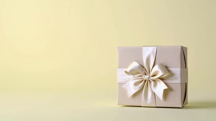 Poster - Elegant beige gift box with white satin ribbon gently spinning against soft yellow backdrop, symbolizing special moments of celebration and anticipation