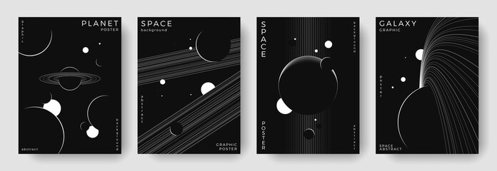 Set of abstract space astronomy backgrounds. Line art galaxy, universe, planet, solar system. Science future concept. Cosmic minimalist design for cover, poster, layout, banner, flyer, brochure