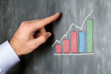 Poster - A flat 2D illustration of a professional pointing at a bar chart on a whiteboard, explaining statistical trends