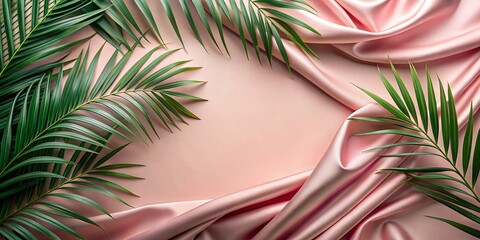 Poster - Elegant Blush Pink Background with Silk Fabric and Palm Leaves