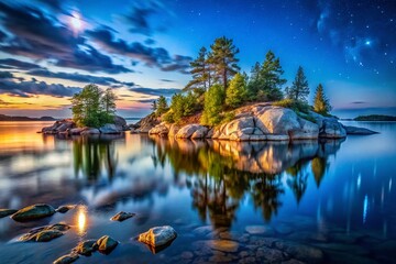 Canvas Print - St. Lawrence River Island Panorama: Night Photography of Rock-Lined Shore & Silky Water