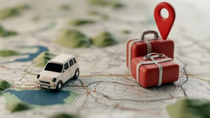 Poster - Slow motion video showcasing miniature car approaching luggage marked with location pin on a map, symbolizing travel planning and navigation