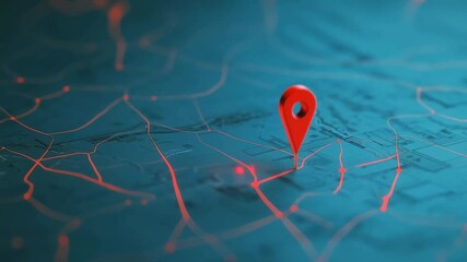 Poster - Location services technology revealing innovative digital navigation with red bouncing marker highlighting geolocation tracking across futuristic glowing network map interface
