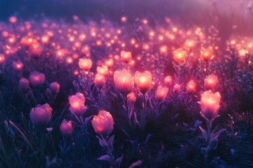 Poster - Glowing pink flowers illuminate a mystical field at night, creating a magical, surreal scene.