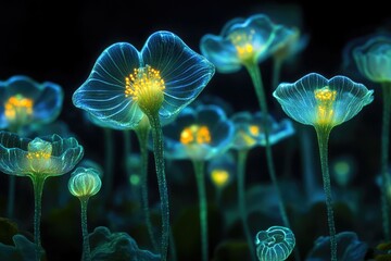 Aufkleber - Glowing, bioluminescent flowers illuminate a dark, mystical garden.
