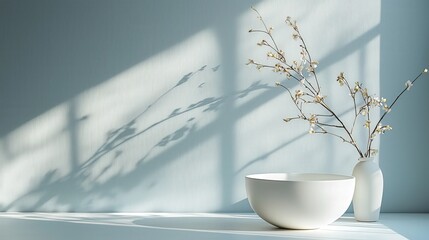 Poster - Elegant Minimalist Photography of a White Bowl and Vase with Fresh Flowers in Soft Natural Light