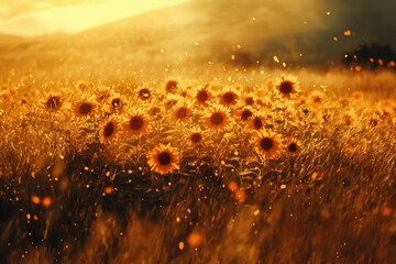Aufkleber - Golden hour sunlight illuminates a field of sunflowers, creating a magical, dreamy atmosphere.