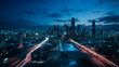 © Me - Futuristic Cityscape at Night with Illuminated Skyscrapers and Roads Showcasing a Digital Network of Interconnected Blue Lines and Nodes Representing Smart Cities and IoT.