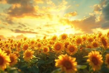 Aufkleber - Sunflowers bask in the golden sunset light, a breathtaking summer scene.