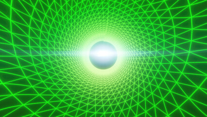 Poster - Abstract digital grid with glowing green neon lines forming a tunnel around a bright central sphere, creating a futuristic concept of technology and data flow background