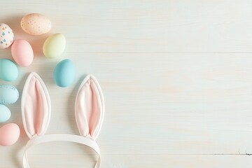 Poster - creative flat lay of easter bunny ears headbands and pastel-colored decorations on light wooden surf