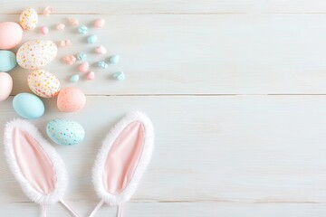 Poster - creative flat lay of easter bunny ears headbands and pastel-colored decorations on light wooden surf