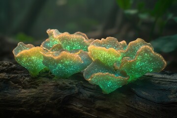 Poster - Glowing bioluminescent mushrooms cluster on a dark forest log, radiating ethereal light.